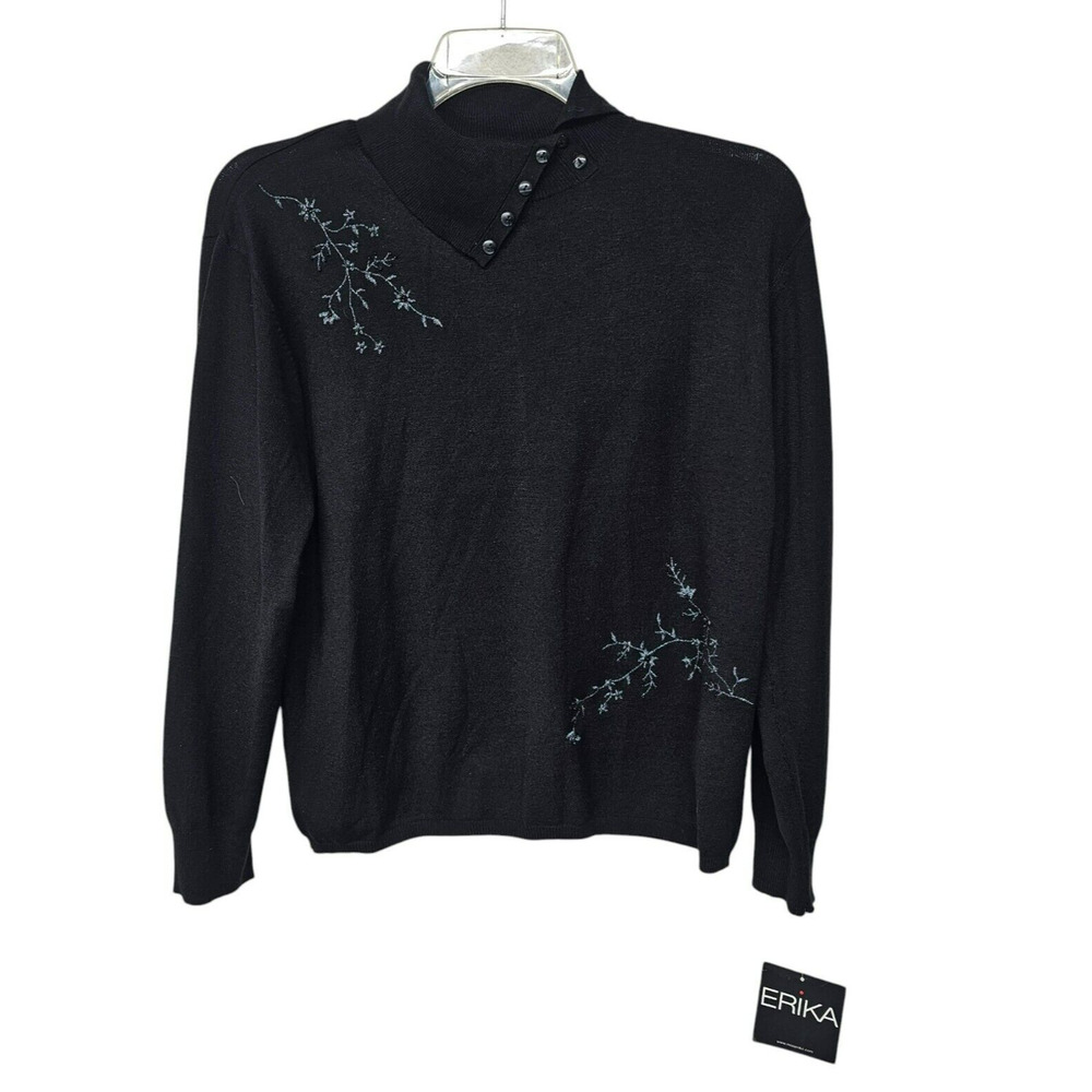 Erika Button Turtleneck Sweater Size Large Embroidered Beaded Classic Office